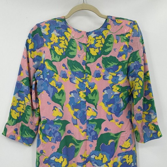 Vintage Mary McFadden Collection Pastel Floral Silk Dress Embossed Shoulder Pads - Picture 8 of 13